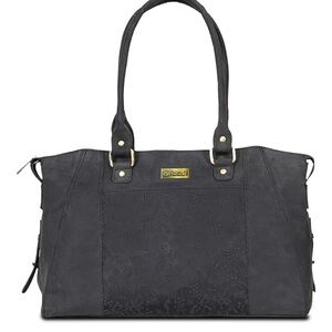 VALENCHI Genuine Black Oily Hunter Leather Tote Bag Floral Embossed Design NEW